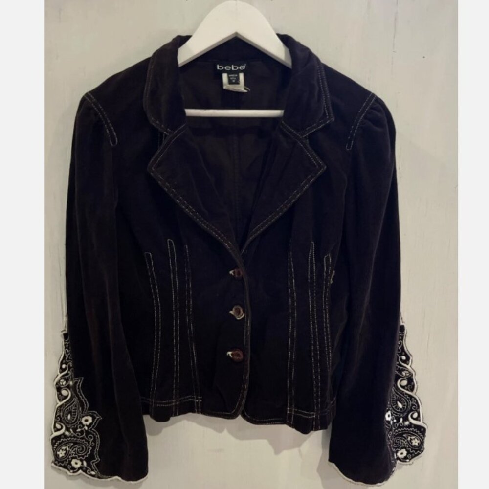 BEBE Vintage Y2K Brown Corduroy Jacket Embroidered Sleeve Made USA Size S